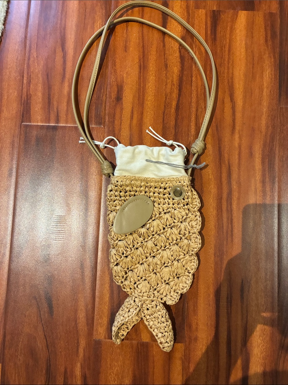 Woven Fish-Shape Crossbody Bag in Tan